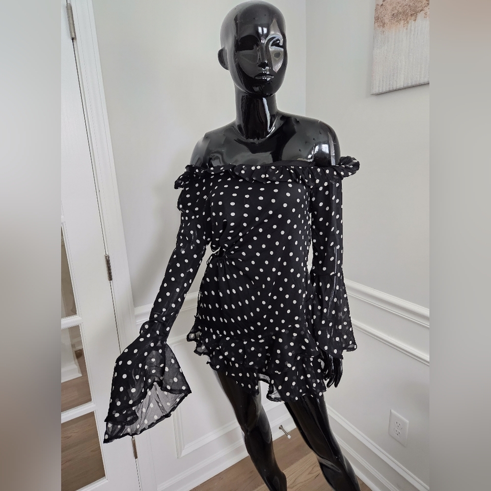 Boohoo  Black and White Polka Dot Off-Shoulder Dress